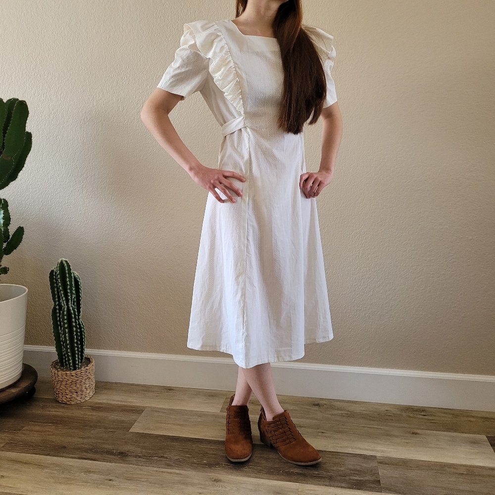 VTG Handmade Ivory Ruffle Peasant Prairie Cotton Midi Dress Size Small